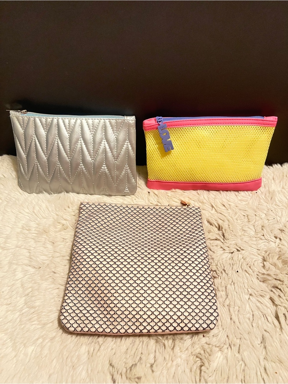 ipsy Silver, Yellow & Pink Cosmetic Pouch Trio